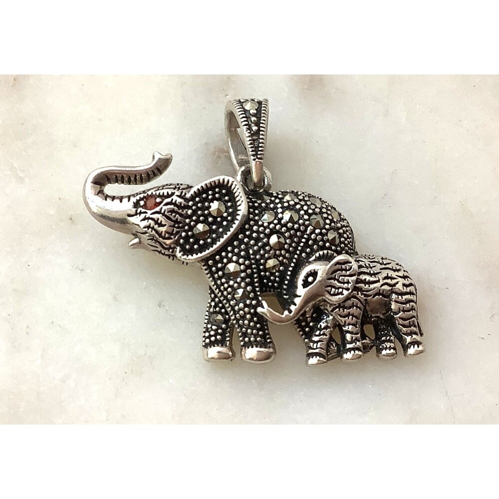Sterling Elephant Pendant Silver Marcasite Garnet Mother Baby Charm Signed 925
